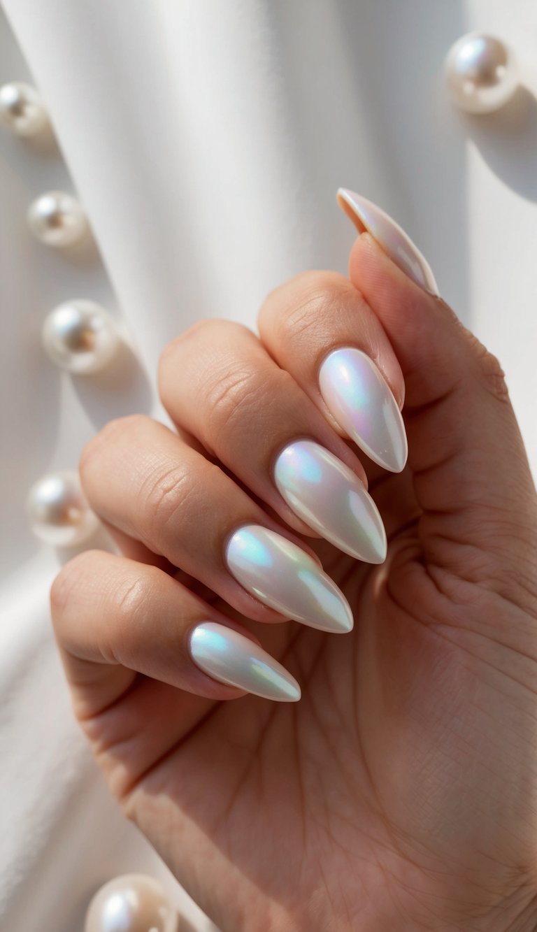 Manicured hand showcasing pearl wedding nails in glossy ivory with rainbow-like reflections, framed against a white garment detailed with pearl buttons.