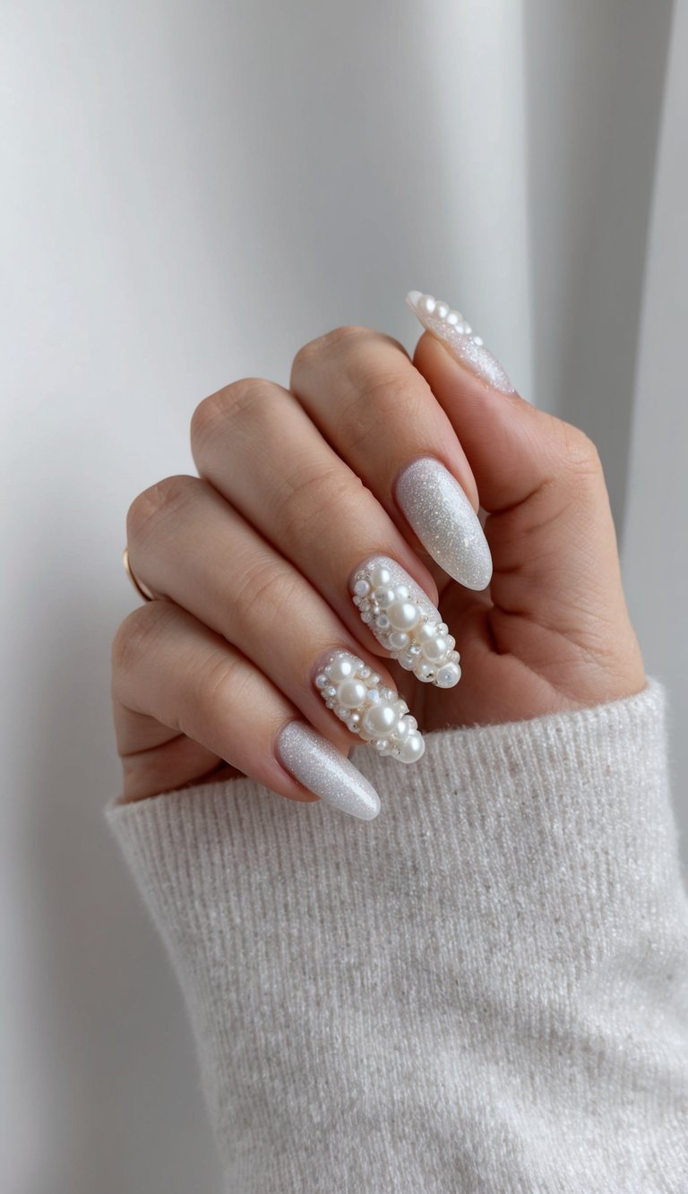 Close-up of a hand in a soft knit sleeve featuring pearl wedding nails in icy shimmer polish with two nails heavily adorned in raised pearl clusters.