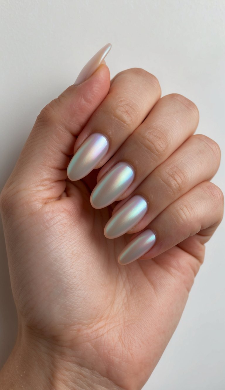 Manicured hand against a white wall featuring pearl wedding nails in creamy alabaster with iridescent pastel reflections across almond-shaped nails.