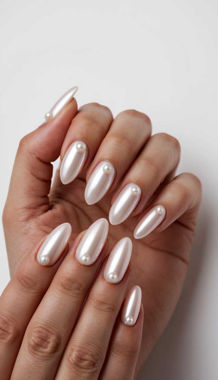 Two hands overlapping against a white backdrop wearing pearl wedding nails in glossy ivory chrome with subtle pearl accents on every almond-shaped nail.