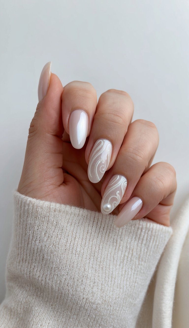 A close-up of elegant pearl-inspired nails with delicate swirls and a luminous sheen