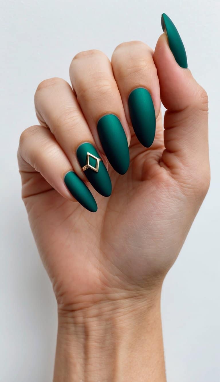 Raised hand with matte wedding nails in saturated emerald green, shaped into sharp almond tips and featuring a gold geometric embellishment on one nail.