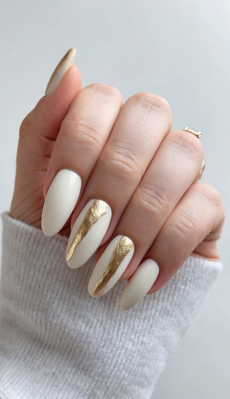 Close-up of cream matte wedding nails shaped in almonds with sweeping gold leaf accents on middle and ring fingers, set against a soft neutral backdrop.