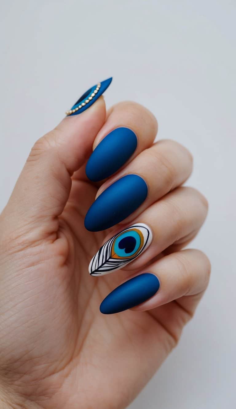 Close-up of matte wedding nails in deep navy almond shape, featuring a peacock feather design in teal, gold, white, and black on the ring finger.
