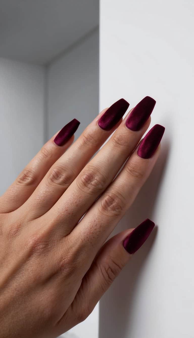 Close-up of a hand with matte wedding nails in deep burgundy wine, shaped in long coffin tips, resting against a clean white wall corner.