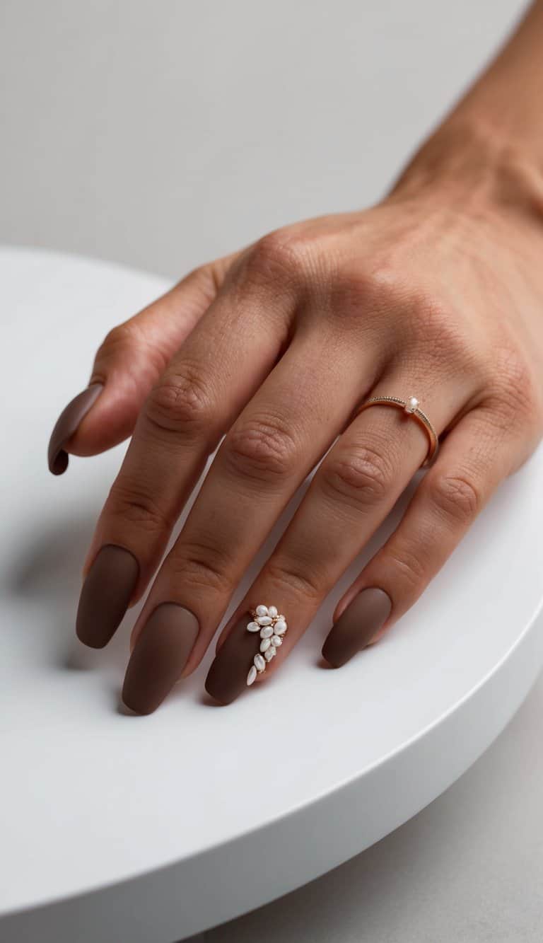 Hand resting on a white round table wearing matte wedding nails in chocolate brown almond shape, featuring a raised ivory crystal cluster accent and a slim gold ring.