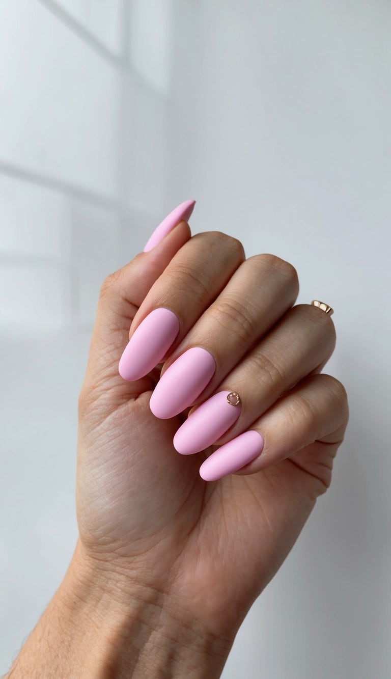 Close-up of a hand wearing matte wedding nails in soft baby pink, long almond-shaped with a small gold ring embellishment on one accent nail.