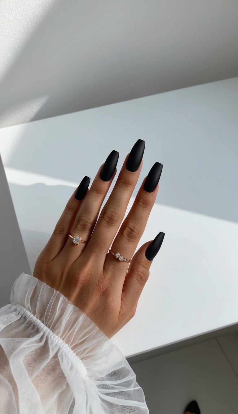 Hand resting on a white surface wearing matte wedding nails in deep jet black, long coffin-shaped with gold rings and a sheer white cuff visible.