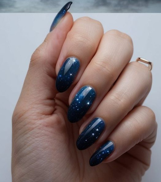 Nail design featuring deep navy polish topped with fine silver glitter, resembling a starry night sky with shimmering specks that mimic distant constellations for a celestial-inspired look.