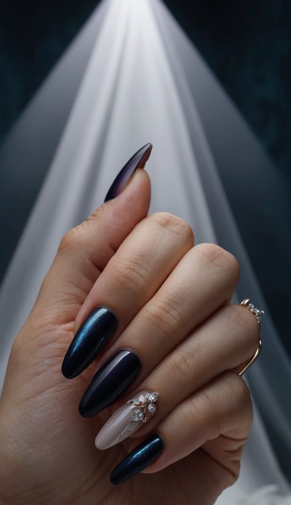 A dark, ethereal backdrop with a spotlight on a set of mysterious and moody wedding nail designs in deep hues