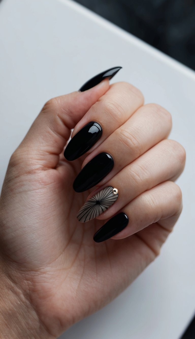 A dark, moody setting with glossy black nails on display