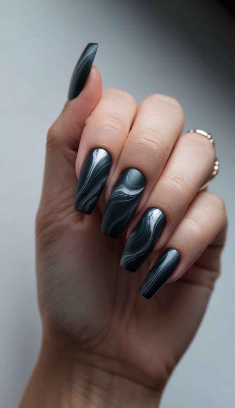 Dark, misty swirls of sable nail polish on 50 wedding nails. Moody and mysterious atmosphere