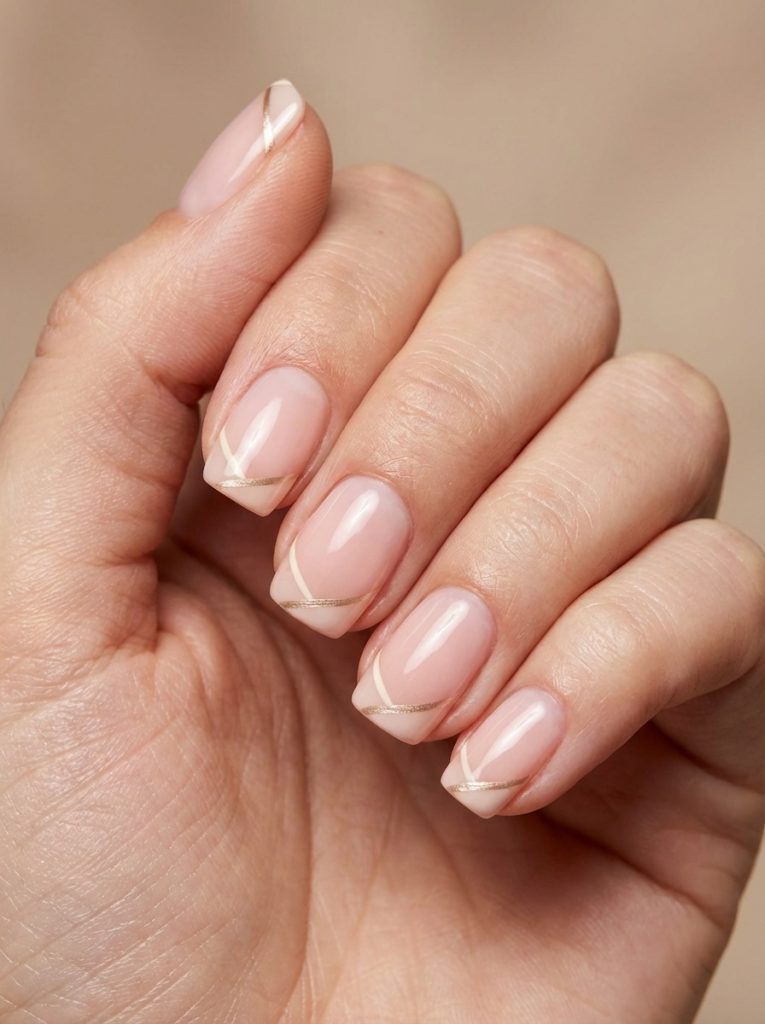 Close-up of a hand showing short wedding nails in sheer blush pink polish with thin diagonal gold striping on glossy soft square tips.