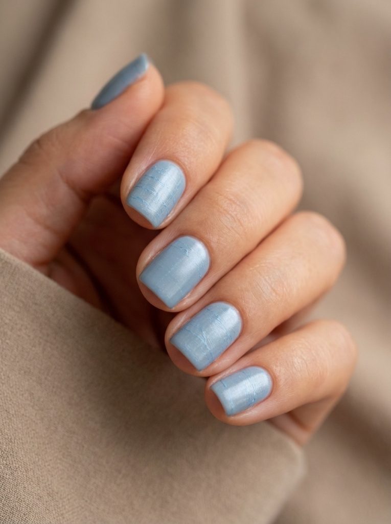 Close-up of a hand resting against beige fabric showcasing short square wedding nails painted in dusty blue with a glossy finish and subtle brushed texture across each nail.