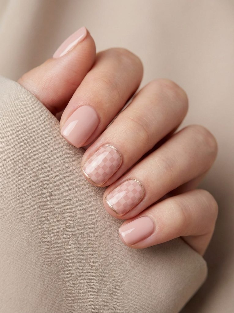Close-up hand pose revealing short wedding nails in pale rosy nude with glossy shine and subtle checkerboard art framed by thin gold lines.
