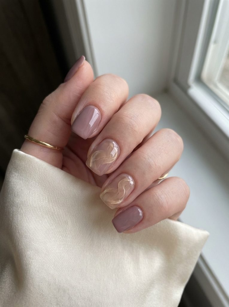 Close-up of a hand wrapped in light fabric featuring short square wedding nails in mocha-mauve polish and two sheer accent nails with beige marble-style swirls.