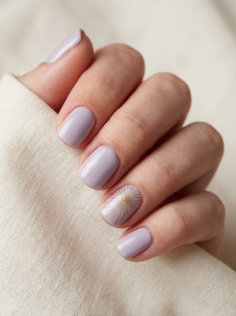 Fingers gently curled against neutral textile display short square wedding nails in glossy lilac, complemented by a sheer accent nail featuring a gold starburst pattern.