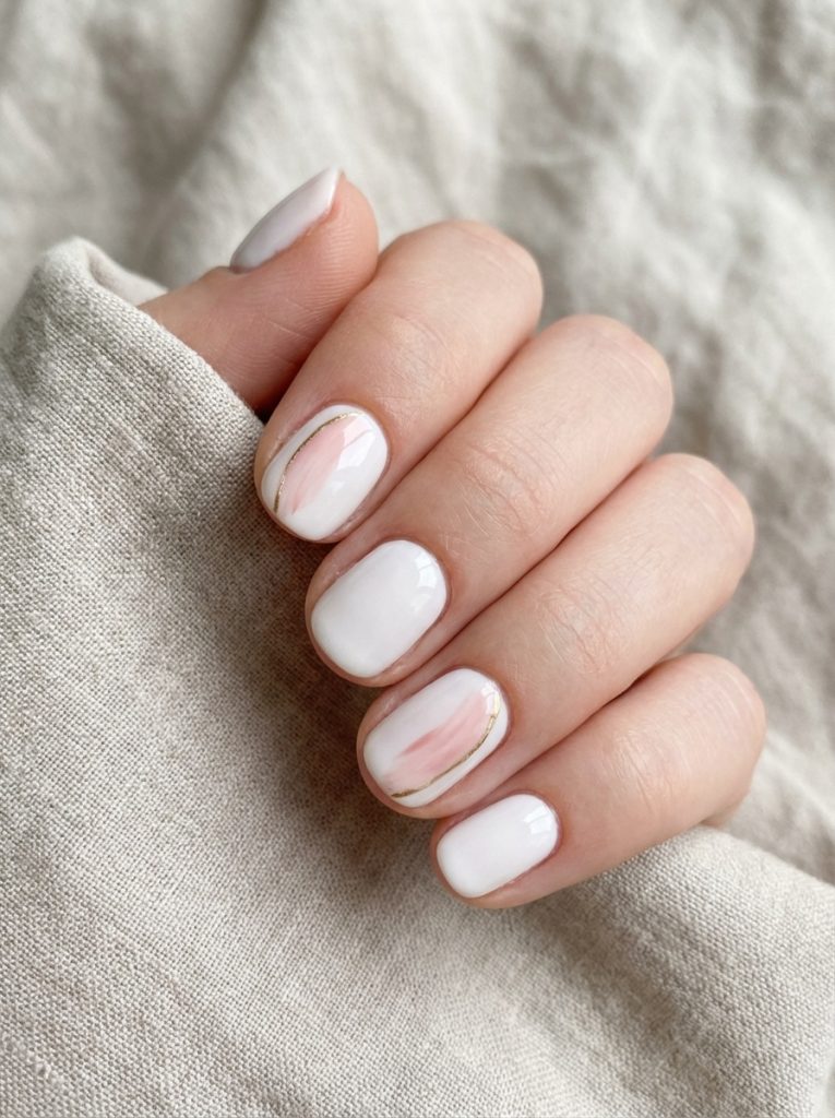 Manicured fingers gently curled, featuring short wedding nails in bright white polish and two accent nails with soft pink swirls trimmed in gold.