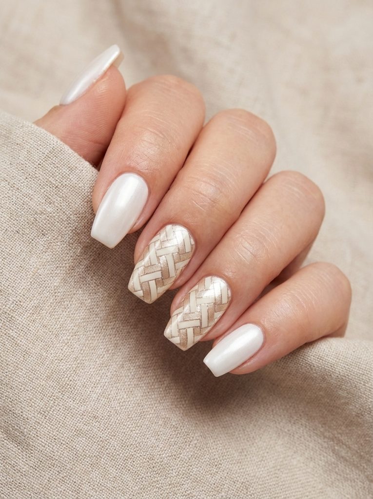 Manicured fingers gently curled, displaying short wedding nails in pearl white with two square accent nails designed in a beige woven pattern with subtle shimmer.