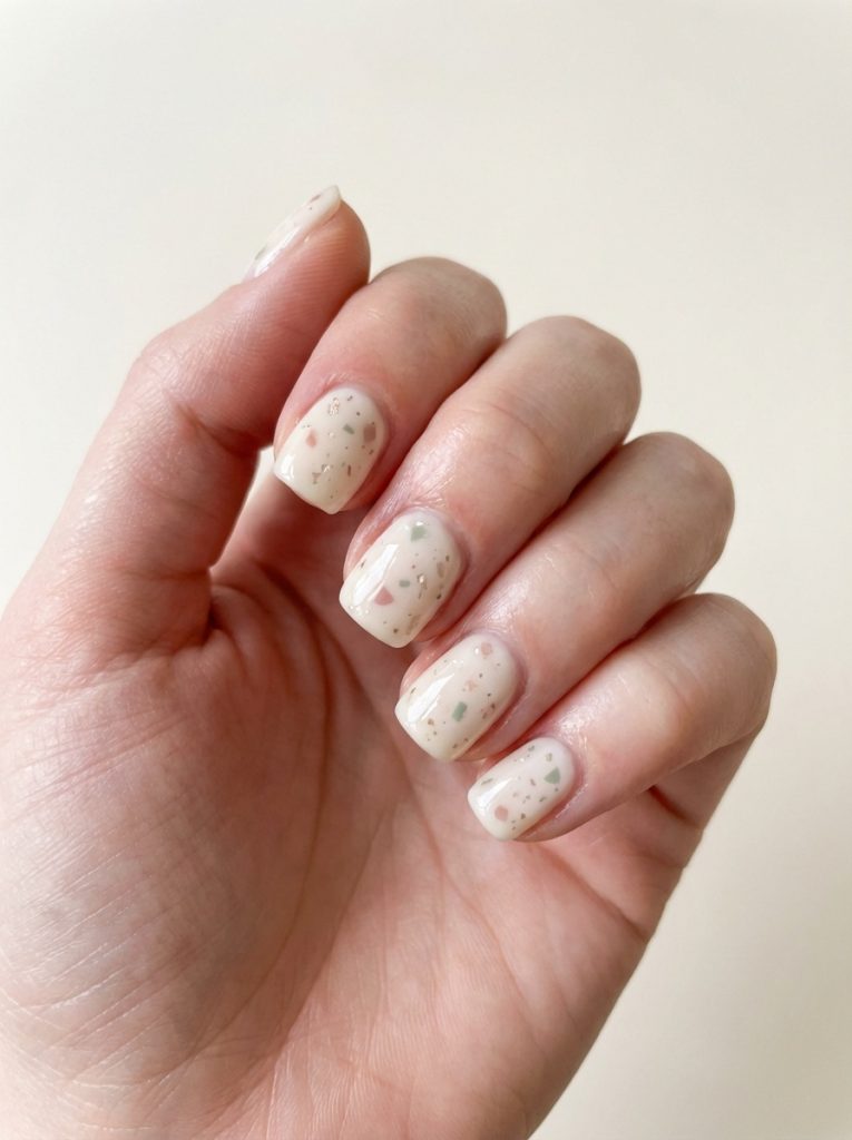 A close-up of a hand against a neutral wall featuring short square wedding nails in creamy vanilla nude with scattered sage and blush speckled detailing.