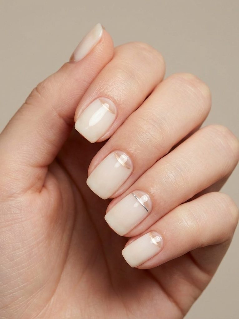Hand angled against a neutral backdrop, featuring short wedding nails in milky beige with transparent crescent cuticle shapes and one fine metallic stripe detail.
