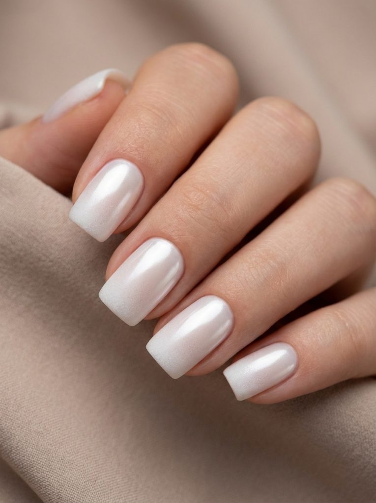 A close-up of a hand wrapped in beige fabric showcasing short square wedding nails in pearl white with a soft frosted ombré fade and glossy finish.