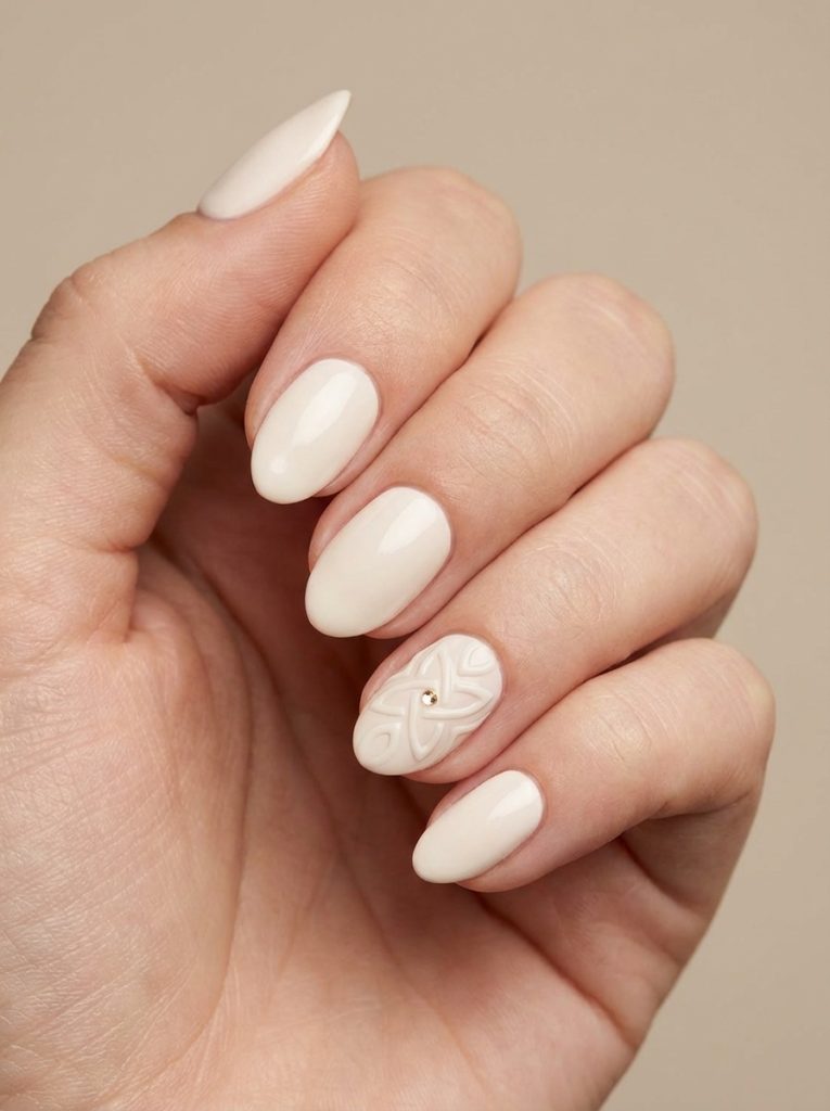 Manicured fingers gently curved inward, displaying short wedding nails in glossy milk-white polish and one textured accent nail with raised swirl art and a gold embellishment.