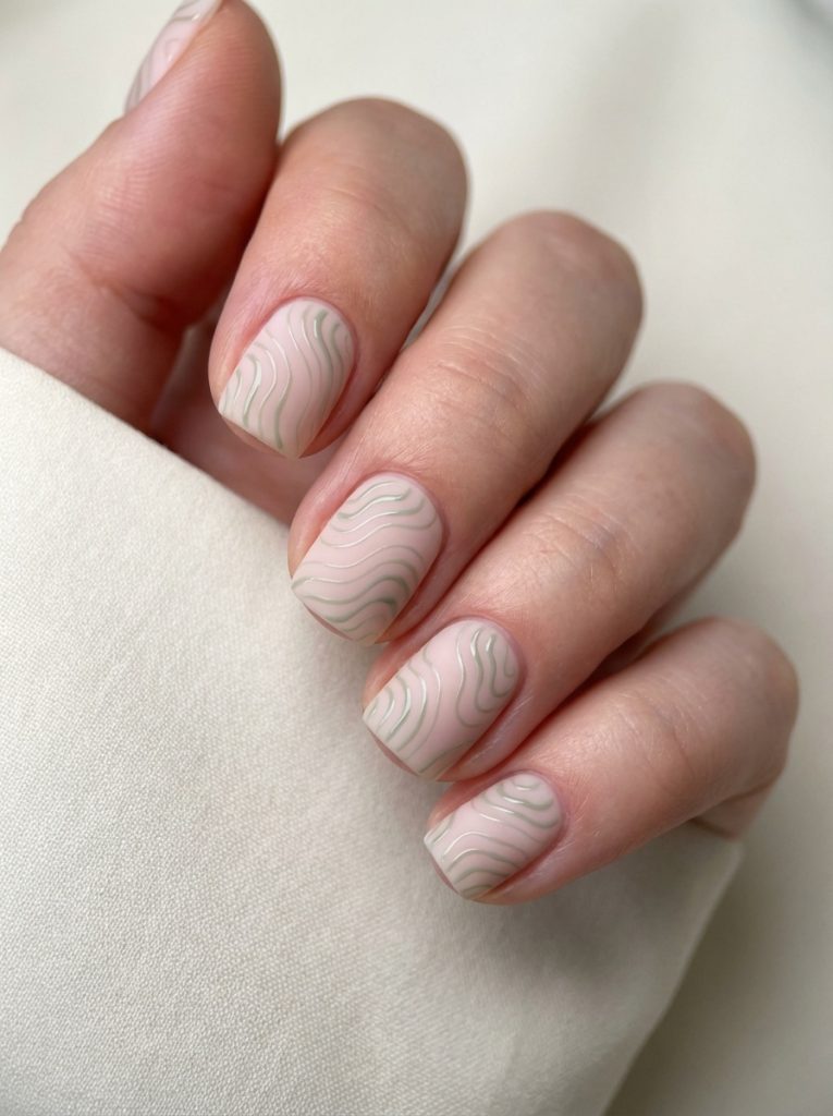 Fingers gently resting on neutral cloth display short square wedding nails painted in blush-beige, detailed with thin olive wave lines and a glossy topcoat.