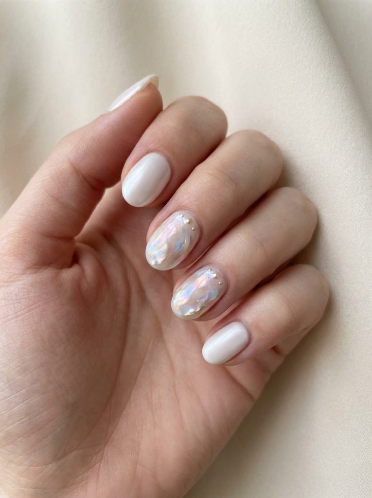 Hand resting on soft neutral fabric, displaying short wedding nails in white polish with opalescent marble accents and small gold studs near the cuticle.