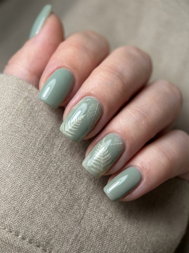A close-up of a hand wrapped in beige fabric featuring short square wedding nails in muted sage green, with accent nails decorated in fine white fern leaf designs.