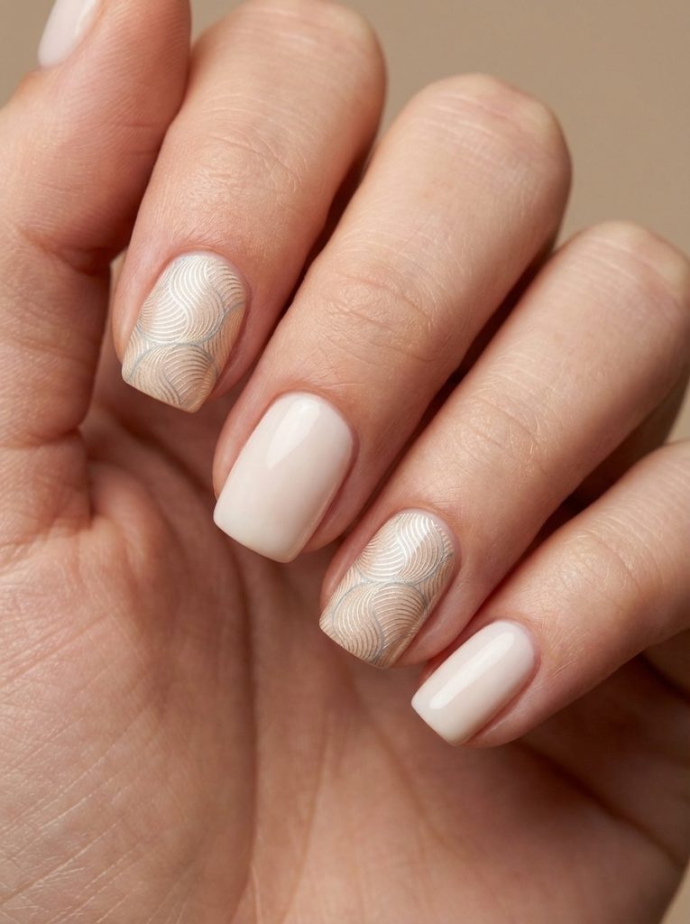 Fingers gently curved inward display short square wedding nails painted in milky beige, complemented by accent nails detailed with gold and sand-toned swirl patterns.