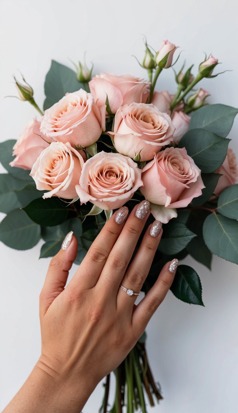 Hand with silver glitter short wedding nails touching peach-pink roses, showing an almond shape and a delicate engagement ring.