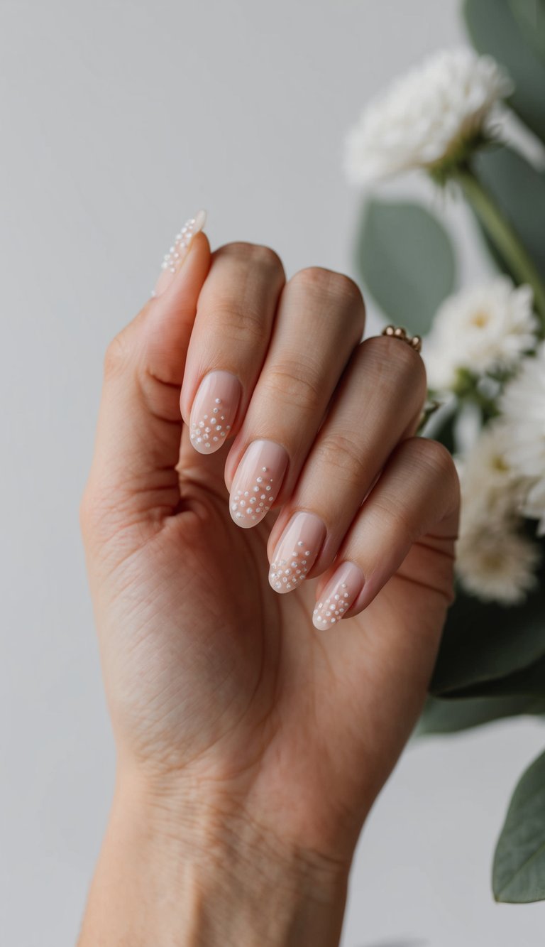Hand held upright showing almond short wedding nails in pink-beige polish with small white dot detailing arranged in a soft pattern toward the ends.