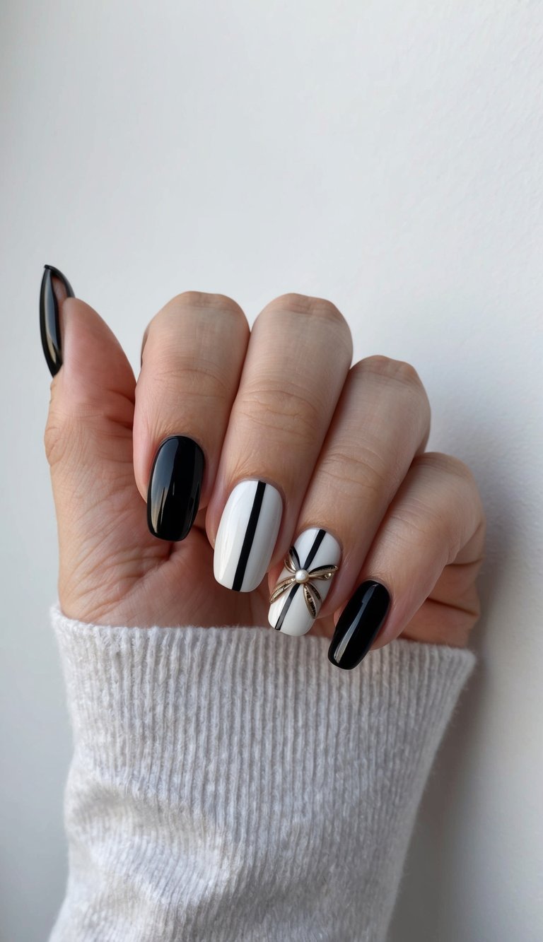 Hand posed against a white backdrop, displaying short wedding nails in glossy black and ivory with thin black striping and a gold bow charm detail.