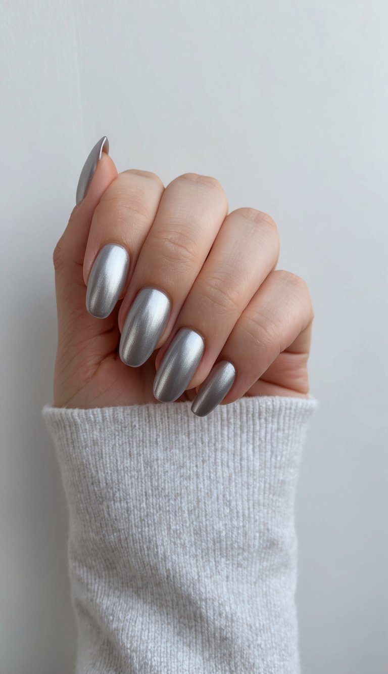 Hand posed against a white backdrop, displaying short wedding nails painted in shimmering silver chrome with a sleek almond shape.