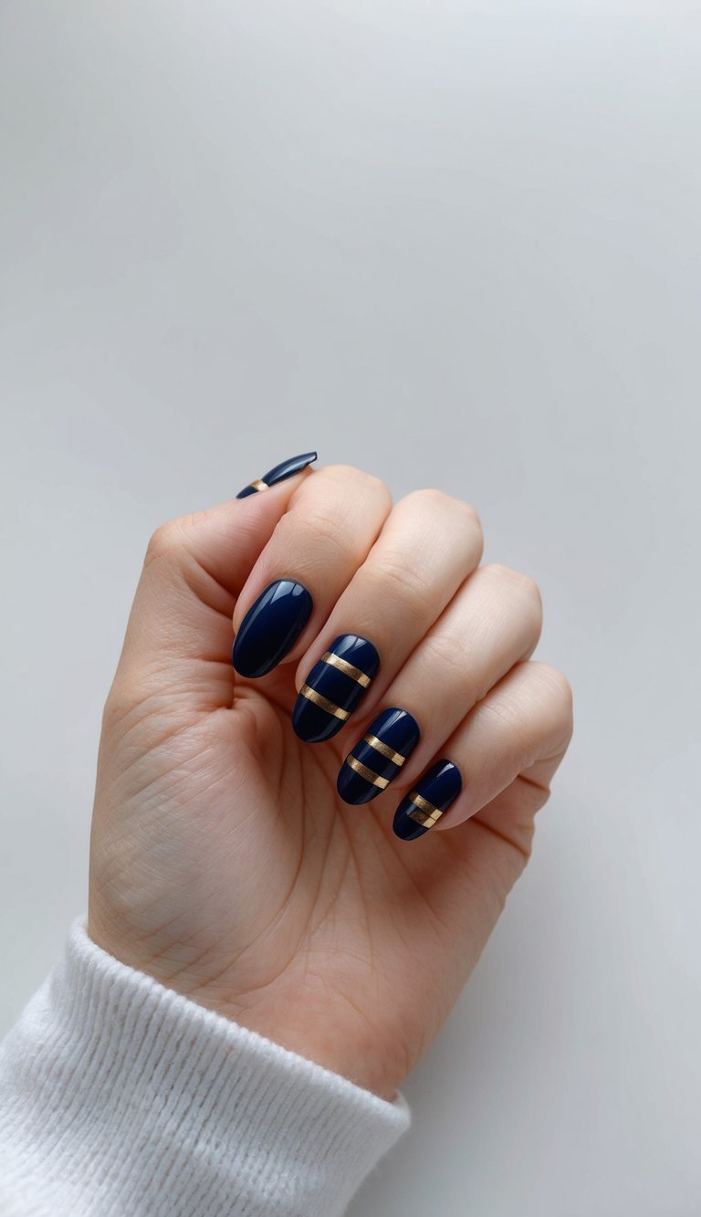 Hand slightly curled inward displaying short wedding nails in deep navy polish with metallic gold horizontal striping on selected nails.