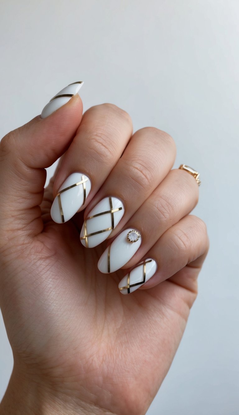 Hand angled inward showing short wedding nails in ivory polish with gold grid-like striping and a single crystal embellishment on an accent nail.