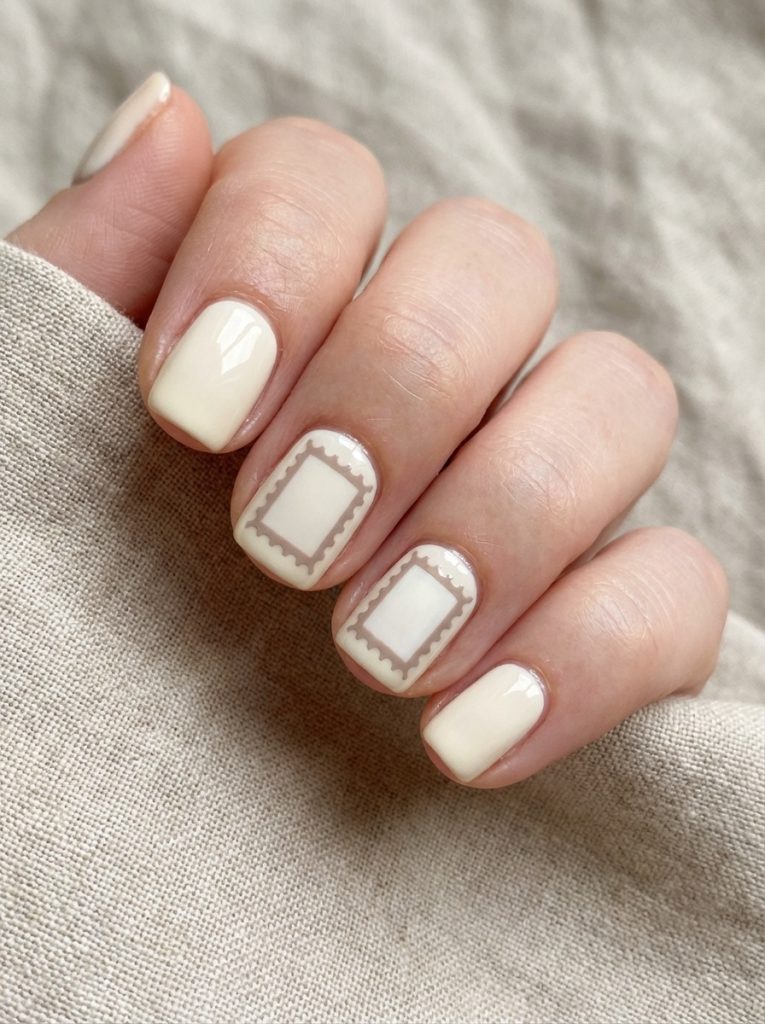 Square short wedding nails in creamy vanilla polish featuring two accent nails with taupe rectangular frames and scalloped detailing, photographed against beige fabric.