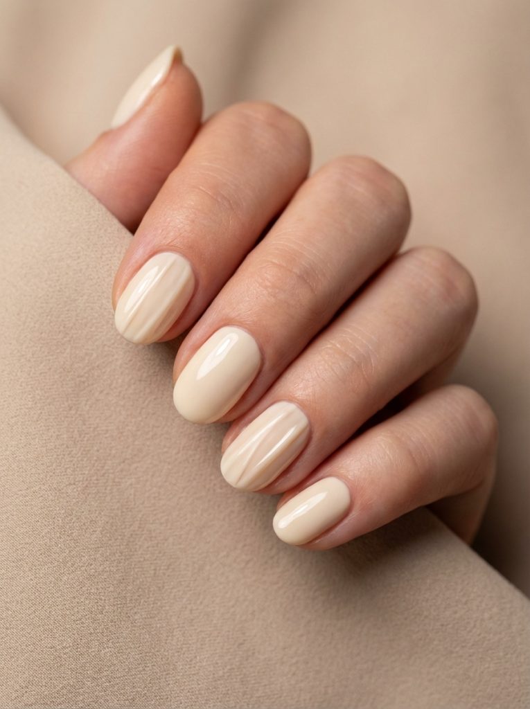 Hand angled gently inward, displaying short wedding nails in soft beige polish with delicate vertical line accents and a glossy surface.