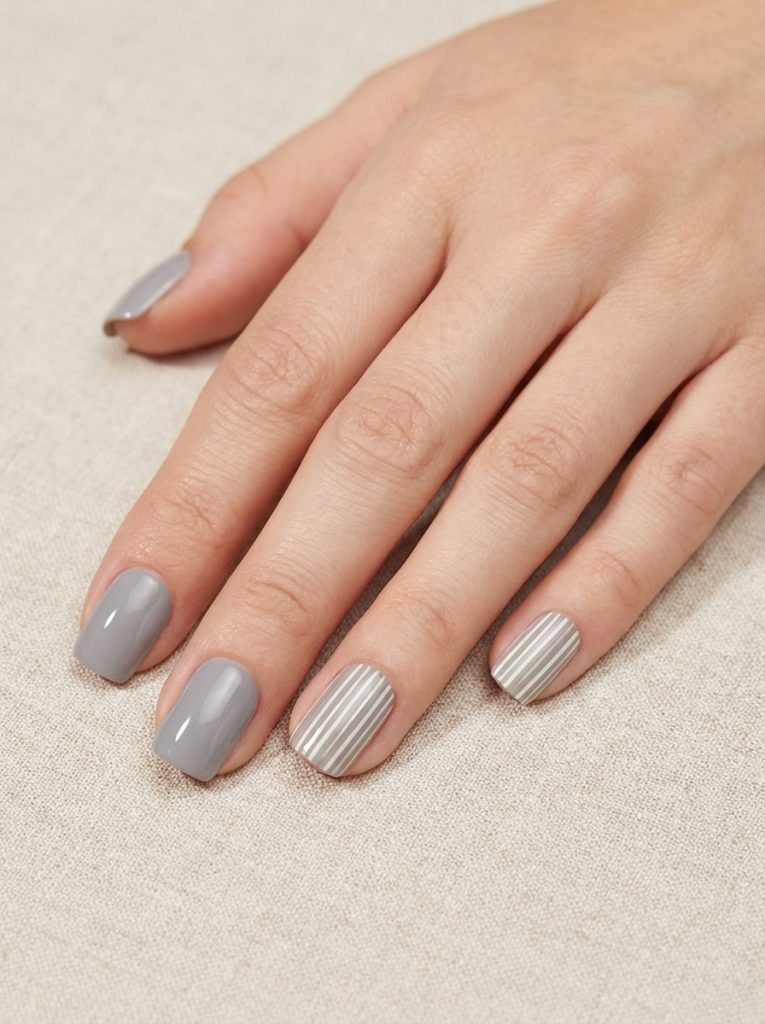 Hand positioned against textured fabric highlighting short square wedding nails in ash gray, with accent nails finished in narrow vertical stripe designs.