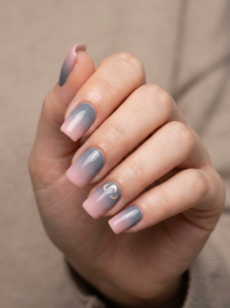 Close-up manicure featuring glossy square ombre wedding nails blending dusty blue into blush pink, with one nail detailed in a subtle curved gold design.