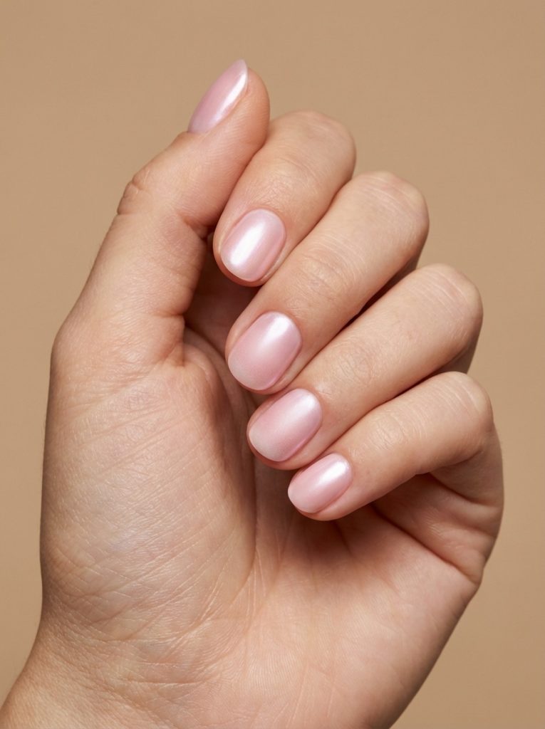 Close-up of a hand against a warm beige background featuring pearl wedding nails in soft blush pink with a smooth, high-gloss luminous finish.