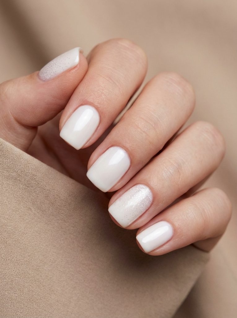 Close-up of a hand resting on beige fabric featuring pearl wedding nails in creamy milky white polish with one square accent nail finished in delicate pearlescent shimmer.