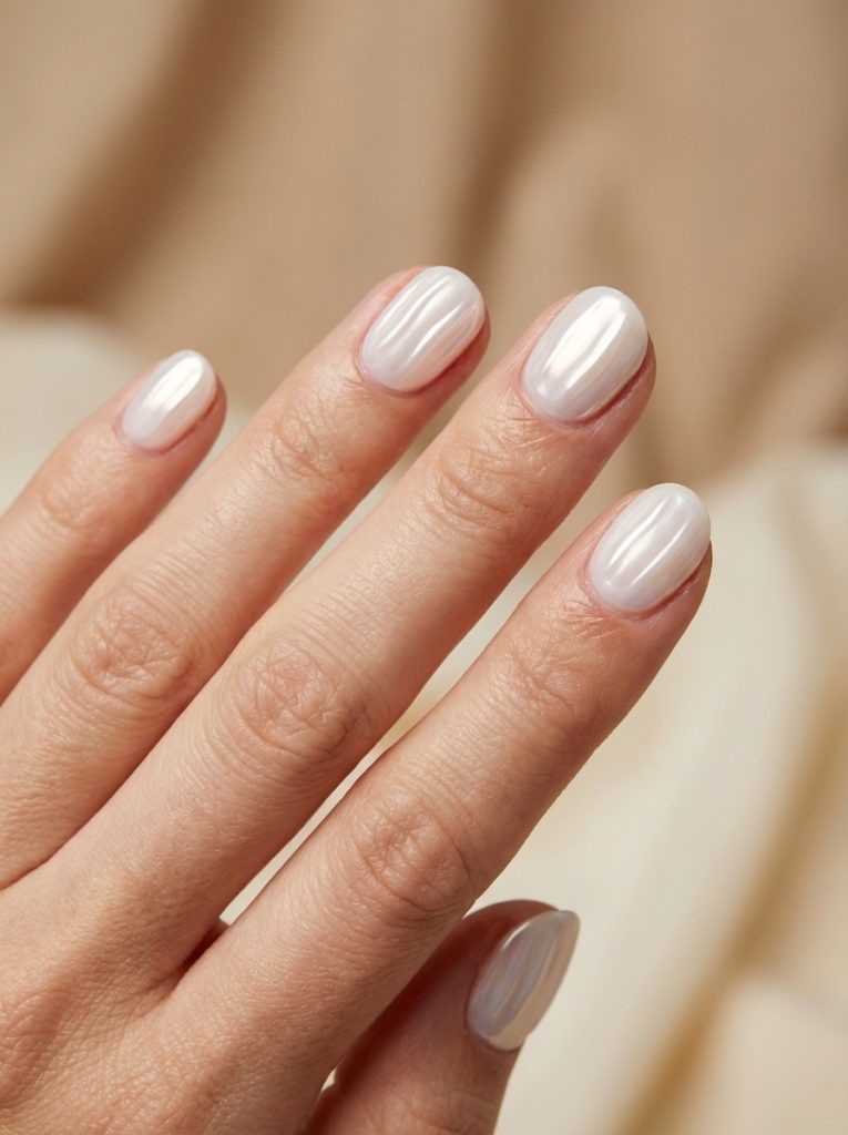 Natural hand posed against beige fabric wearing pearl wedding nails in creamy pearl polish with subtle linear embossed detailing and glossy oval tips.