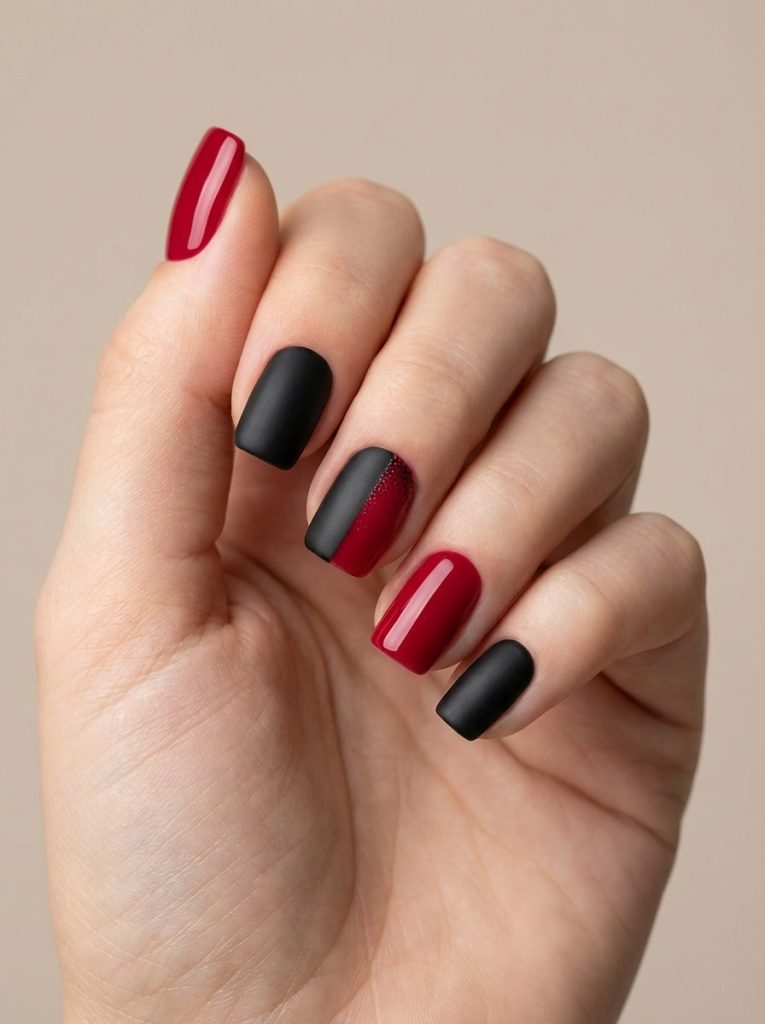 Hand positioned against a neutral backdrop featuring red and black wedding nails in bright cherry red gloss and smooth charcoal matte polish.