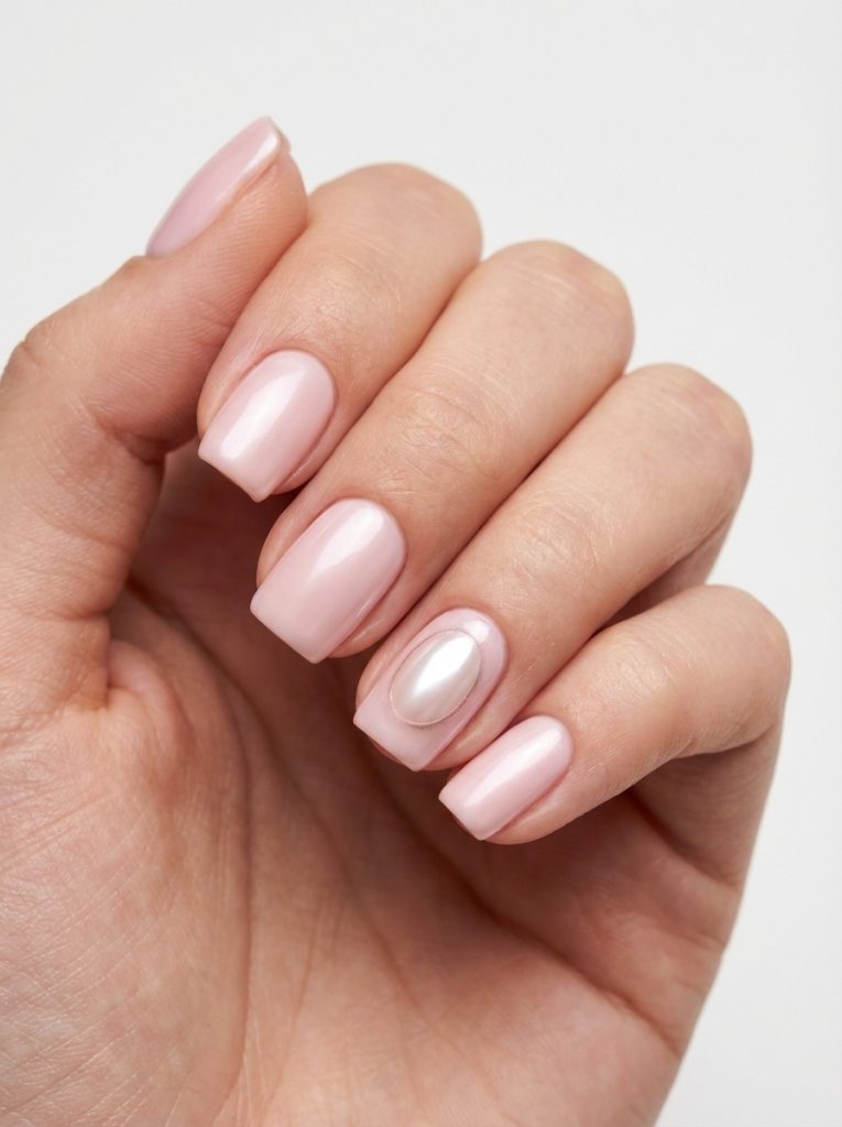 Square-shaped pearl wedding nails painted in creamy blush pink, featuring a single statement nail adorned with a smooth oval pearl accent.