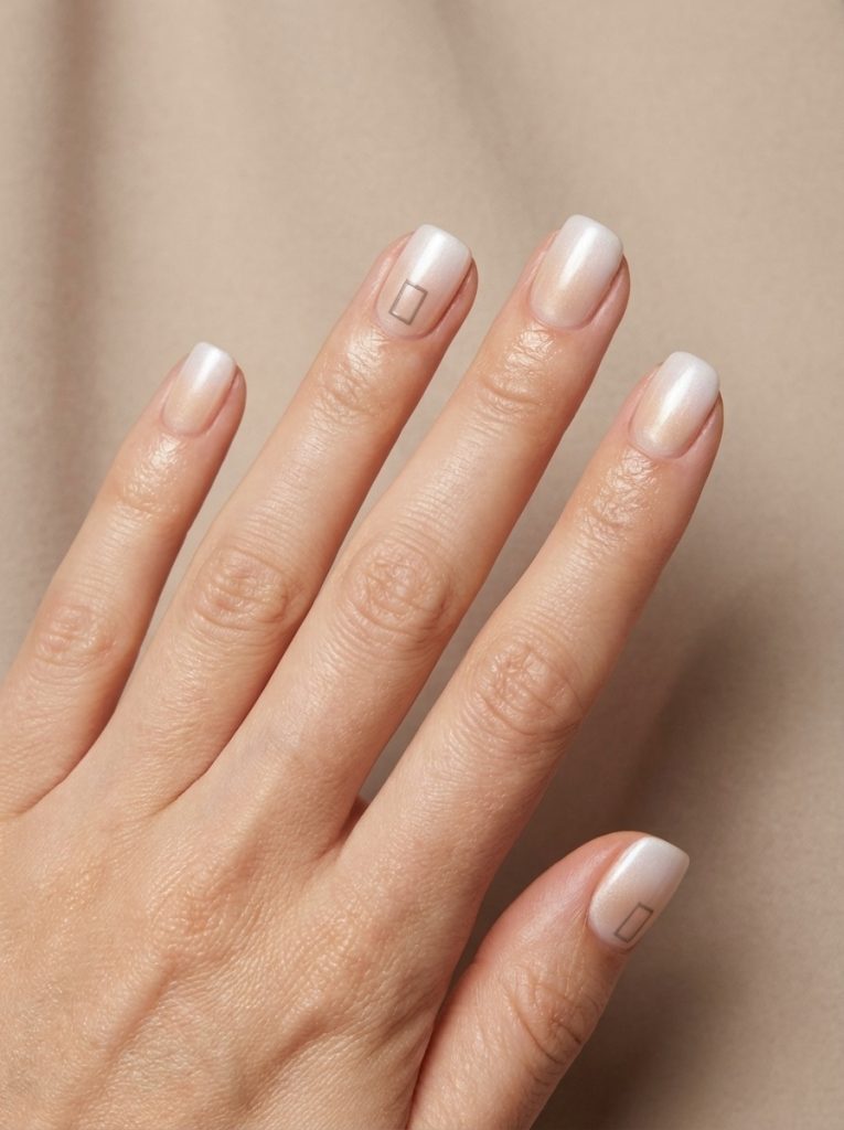 Hand displayed against a warm neutral background featuring ombre wedding nails in nude fading into milky white, with subtle pearl shine and tiny outlined square accents on two nails.