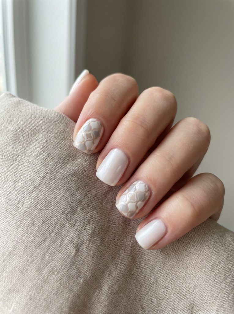Square-shaped pearl wedding nails painted ivory, with intricate taupe lace-inspired detailing on the middle fingers against a neutral fabric backdrop.