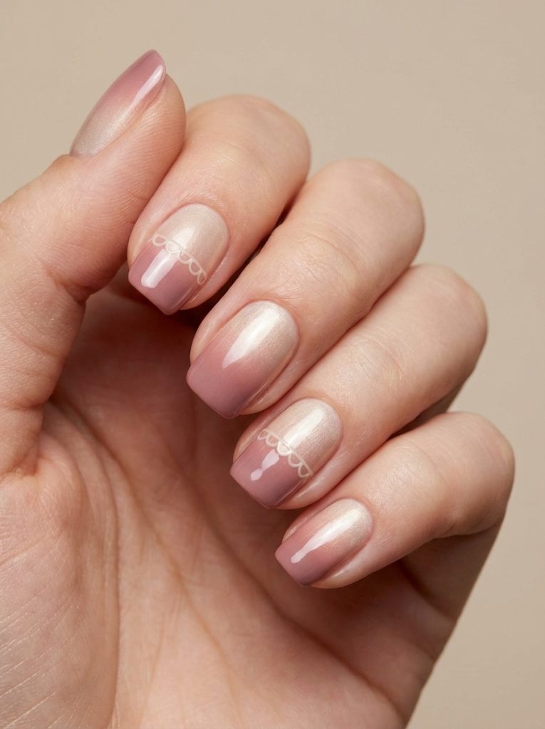 Natural hand pose with square ombre wedding nails in rose-to-ivory gradient, decorated with thin lace-like white accents across two nails.