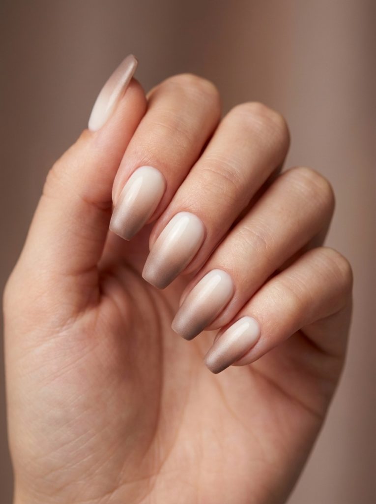 Natural hand pose against a warm backdrop featuring ombre wedding nails that shift from pale cream to light brown, shaped in long glossy squares.